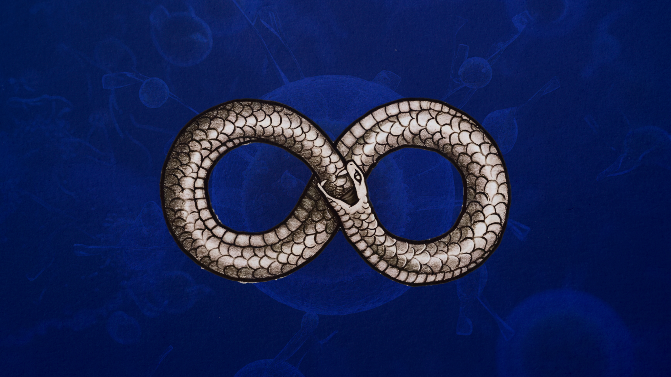 Representación artística de la autofagia: una serpiente comiéndose a sí misma y formando la figura de un número ocho horizontal o símbolo de eternidad. Fondo sutil de células humanas.