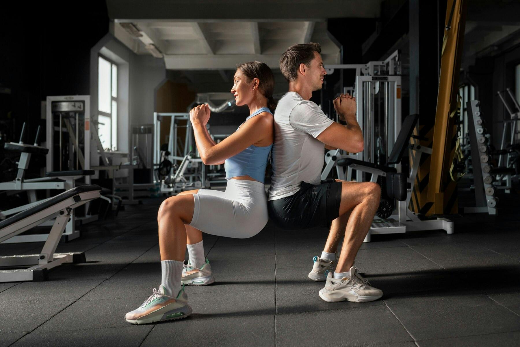 Mujer y hombre vestidos con ropa deportiva, haciendo una sentadilla espalda con espalda en un gimnasio.