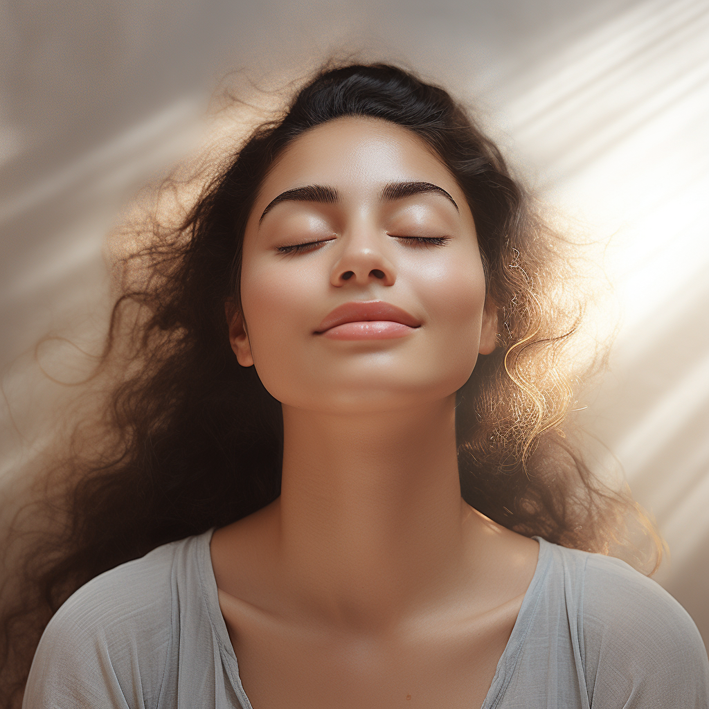 Mujer latina con rasgos suaves y cabello rizado. Sus ojos están cerrados y muestra una leve sonrisa. Se siente relajada y cobijada por los rayos de sol sobre su piel.