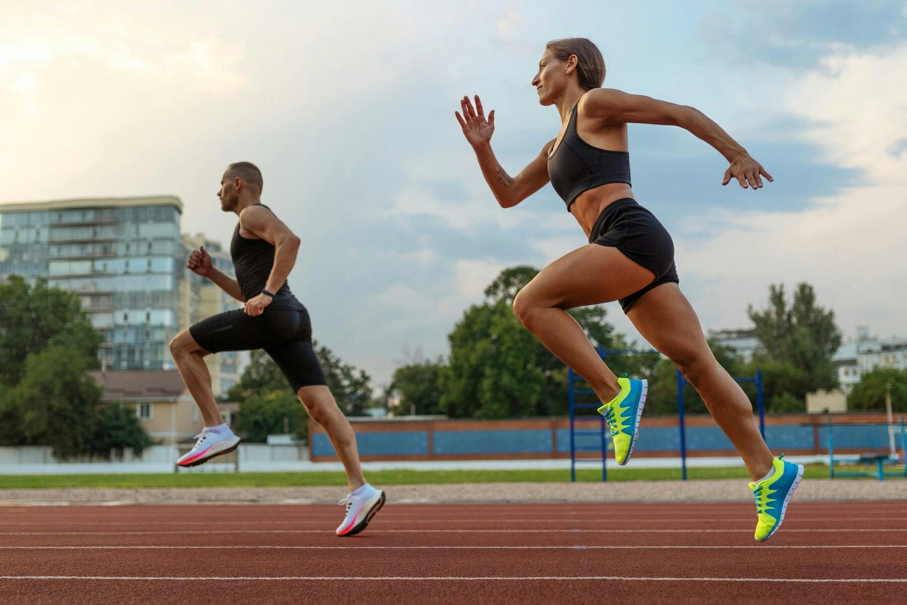 Deportistas hombre y mujer corriendo de forma enérgica en una posta de atletismo en un día soleado